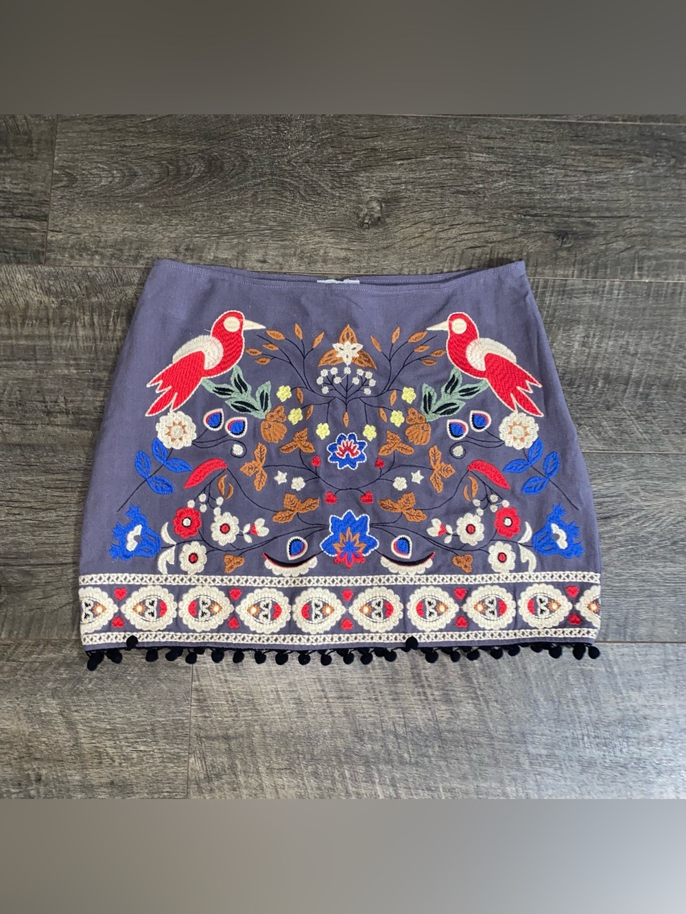 NWT Umgee Embroidered Boho Mini Shirt Large Pom Pom Hem Floral Whimsical Folk